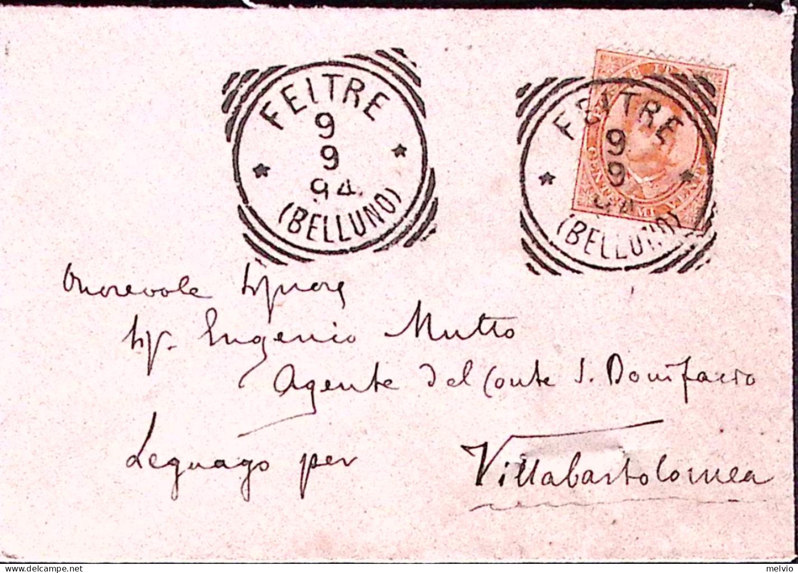1894-FELTRE/(Belluno) Tondo Riquadrato (9.9) Su Busta Affrancata Effigie C.20 Fo - Marcophilie