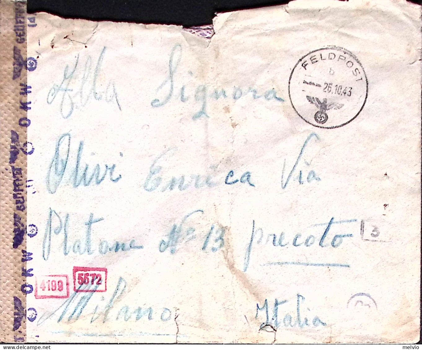 1943-FELDPOST 07212 A Manoscritto Al Verso Di Busta Annullo Feldpost/b (26.10) D - Storia Postale