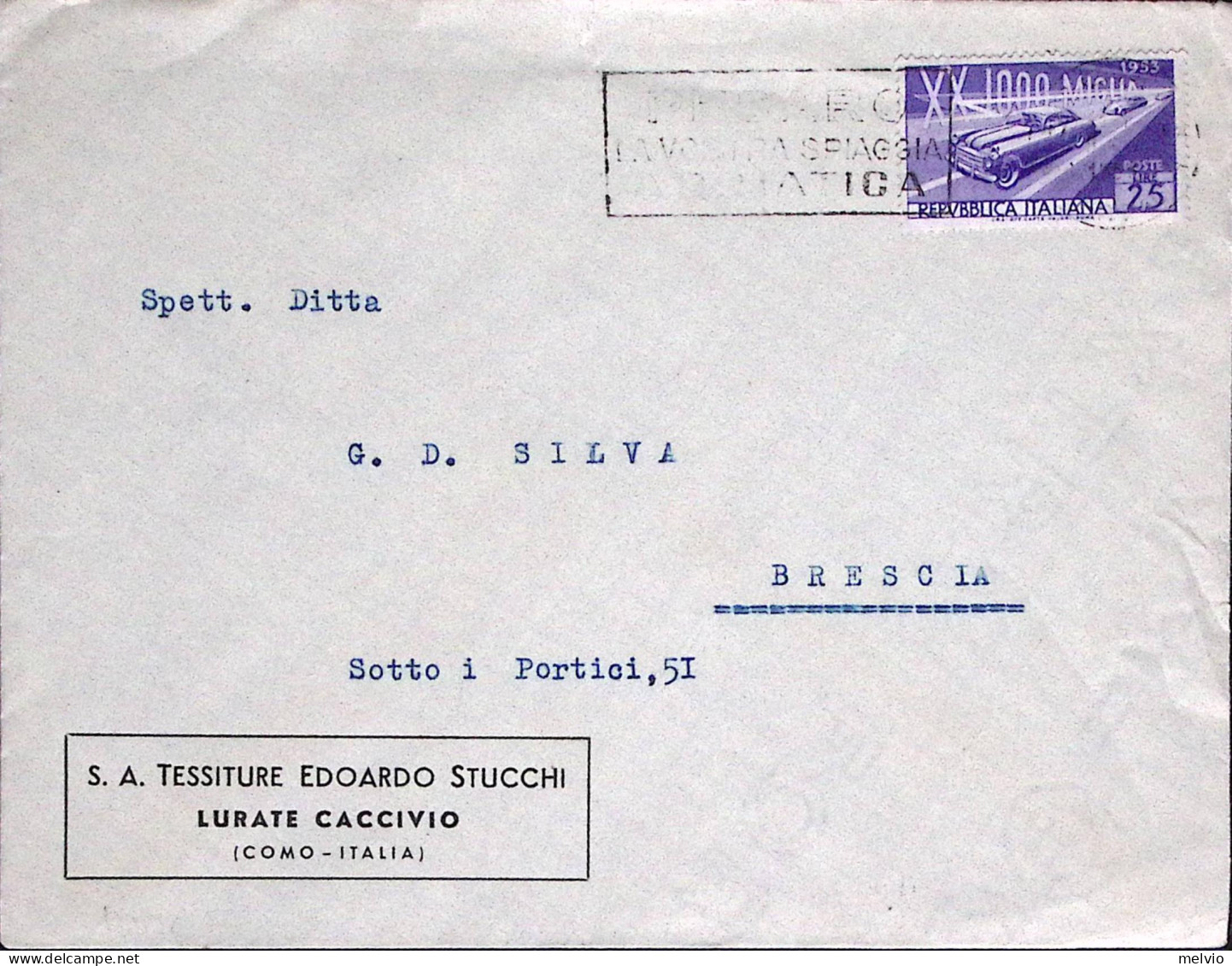1953-XX 1000 MIGLIA Lire 25 Isolato Su Busta - 1946-60: Storia Postale