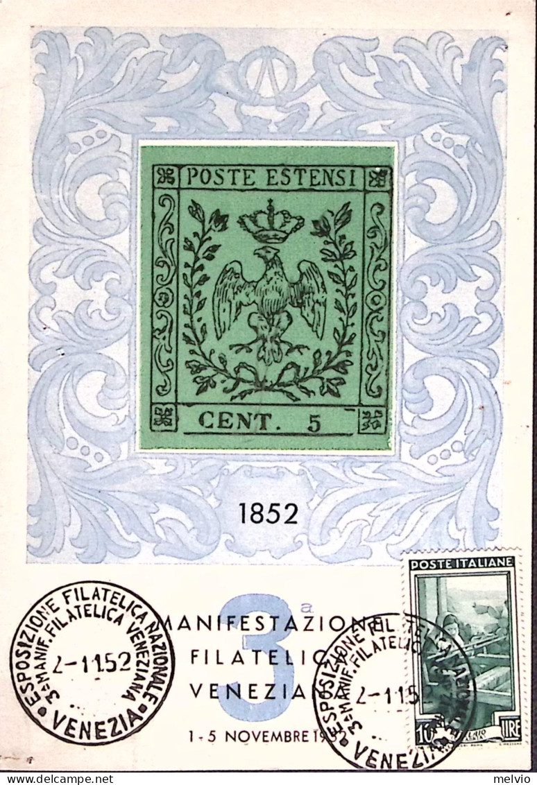 1952-Venezia 3 Manif. Filatelica Annullo Speciale (2.11) Su Cartolina - Expositions