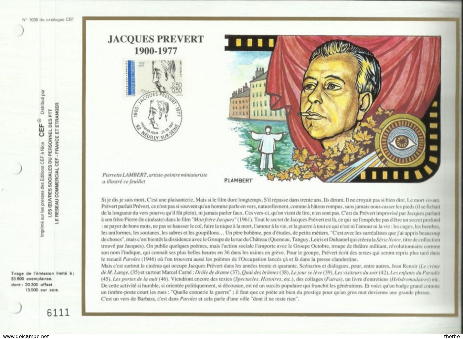 FRANCE - Jacques PREVERT 1900-1977 - N° 1030 Du Catalogue CEF - 1990-1999