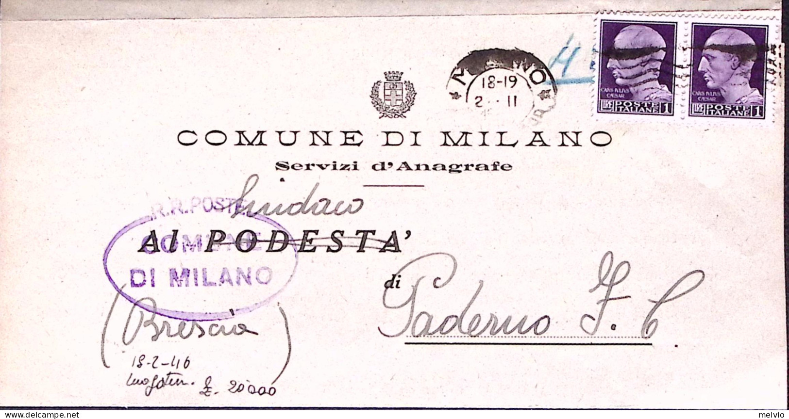 1946-IMPERIALE S.F. Coppia Lire 1 Su Piego Milano (2.2) - 1946-60: Marcophilia