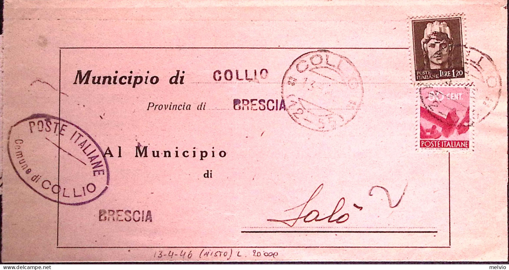 1946-IMPERIALE S.F. Lire 1,20 + DEMOCRATICA C.80 Su Piego Collio (1.4) - 1946-60: Marcophilia