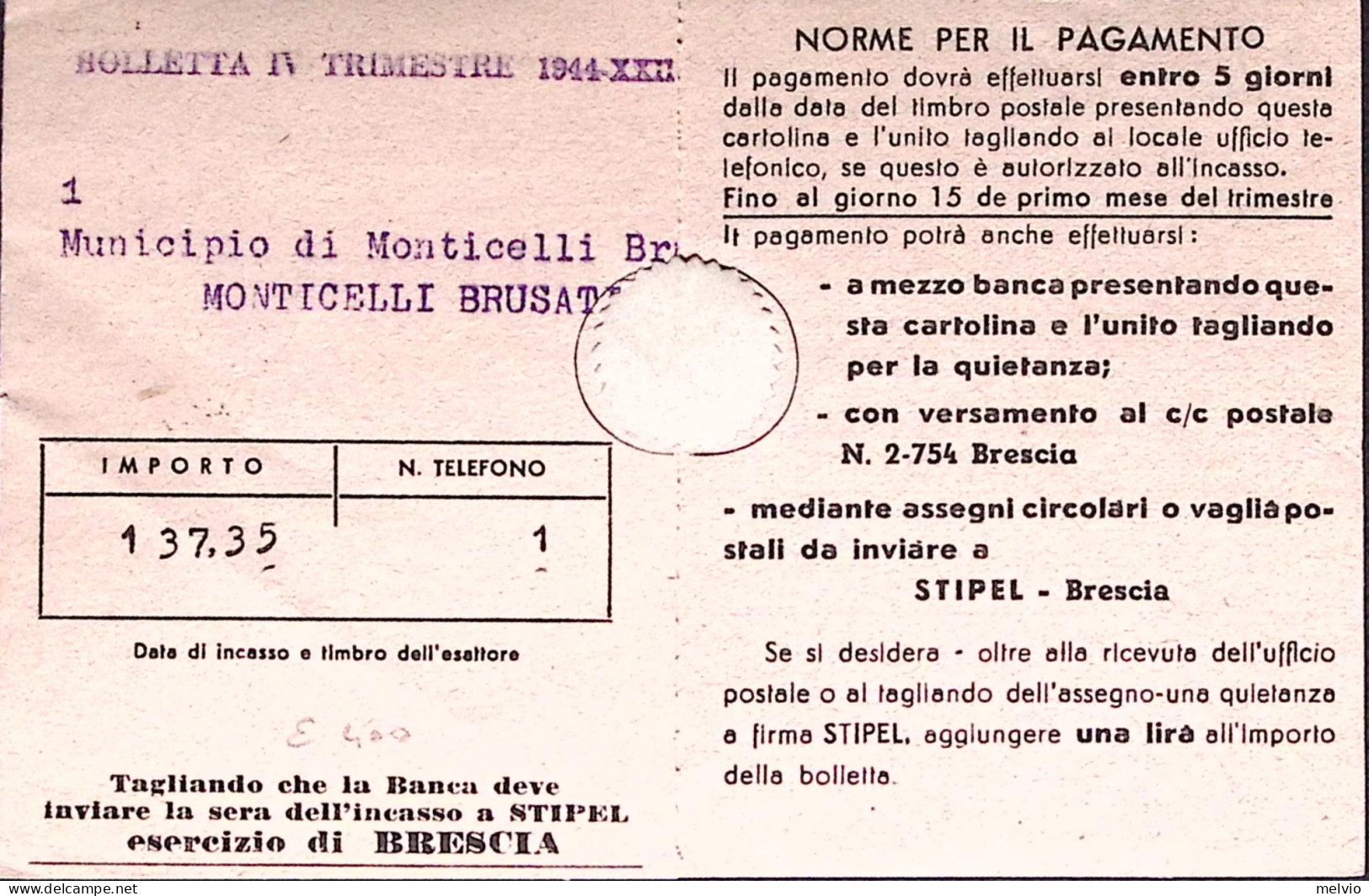 1944-MONUMENTI Coppia C.25 Su Bolletta Telefonica - Marcofilie
