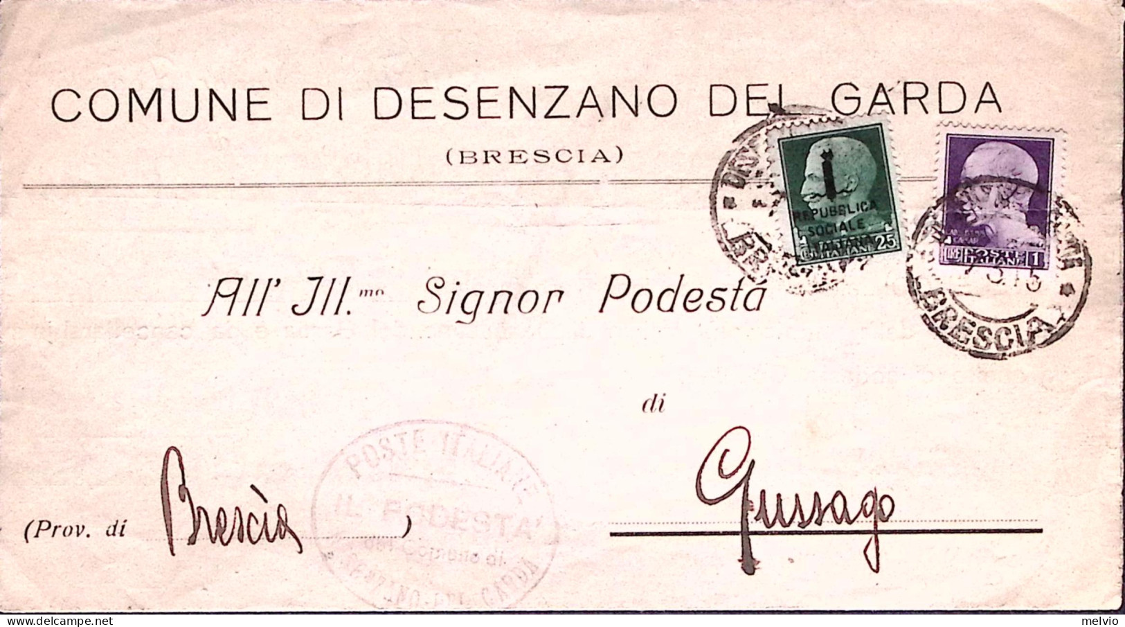 1945-IMPERIALE Lire 1 + IMPERIALE Sopr C.25 Su Piego Desenzano (7.3) - Marcophilia