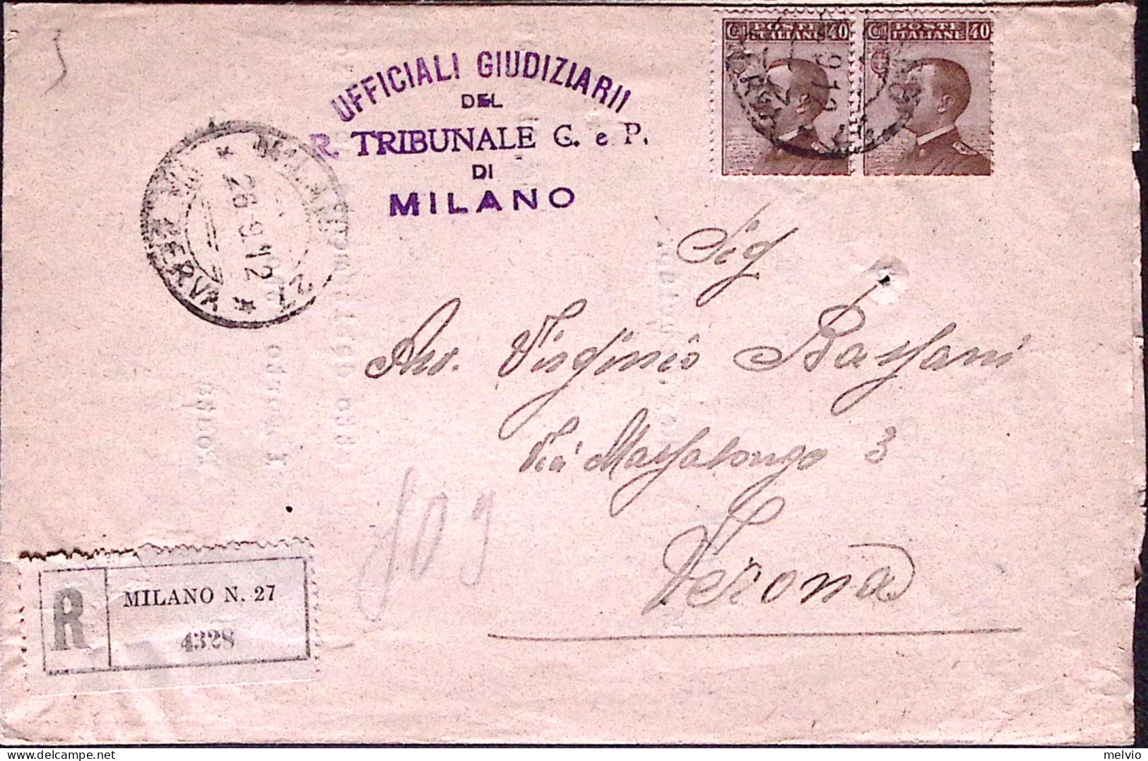 1912-MICHETTI Coppia C.40 Su Atti Giudiziari Raccomandati Milano (26.9) - Storia Postale