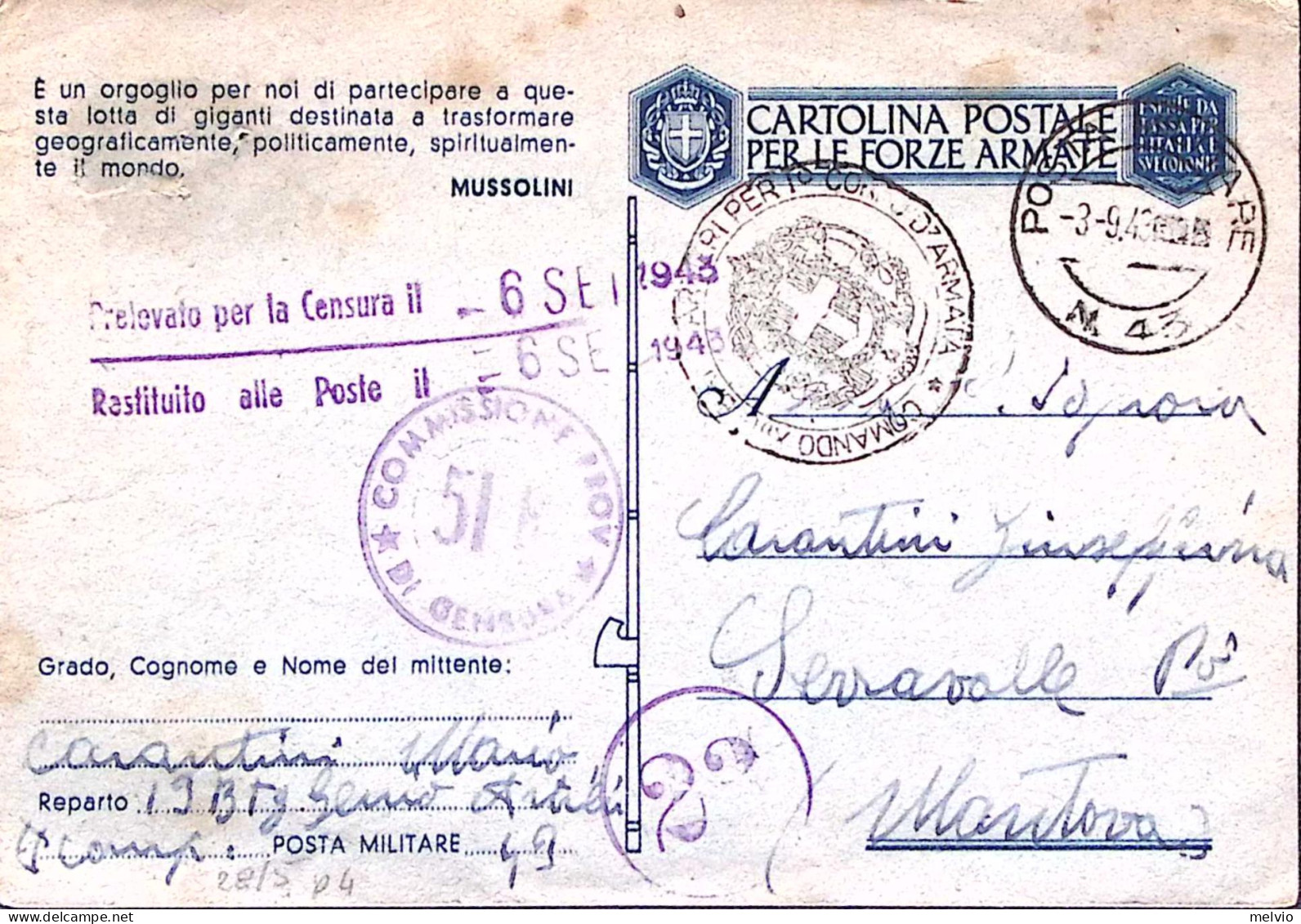 1943-Posta Militare/N 43 C.2 (3.9) Su Cartolina Franchigia Segni Spillo - Storia Postale
