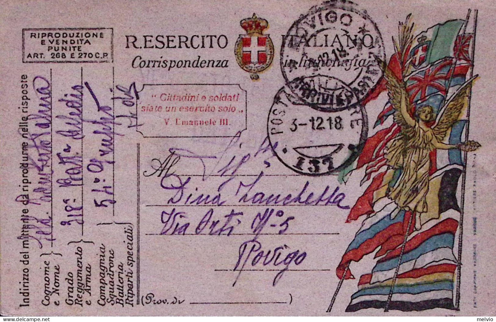 1918-Posta Militare/137 C.2 (2.12) Su Cartolina Franchigia - Storia Postale
