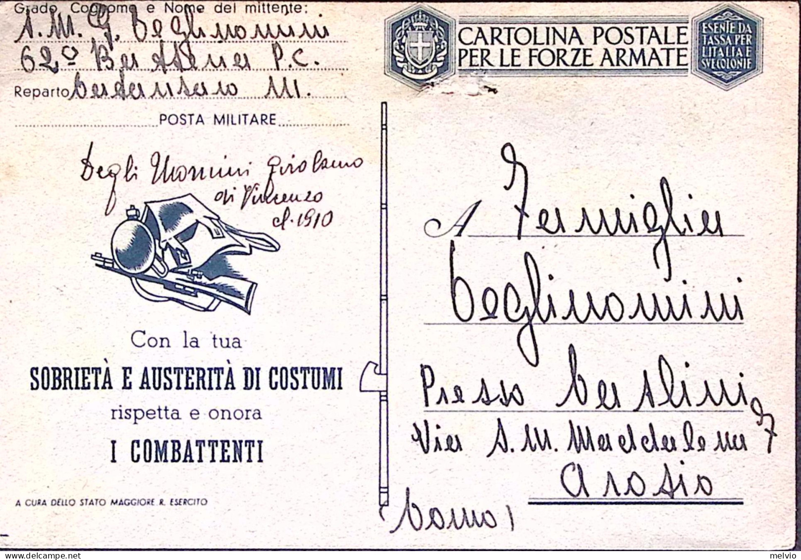 1942-CON LA TUA SOBRIETa' E . Cartolina Franchigia Viaggiata Fori Spillo - Storia Postale