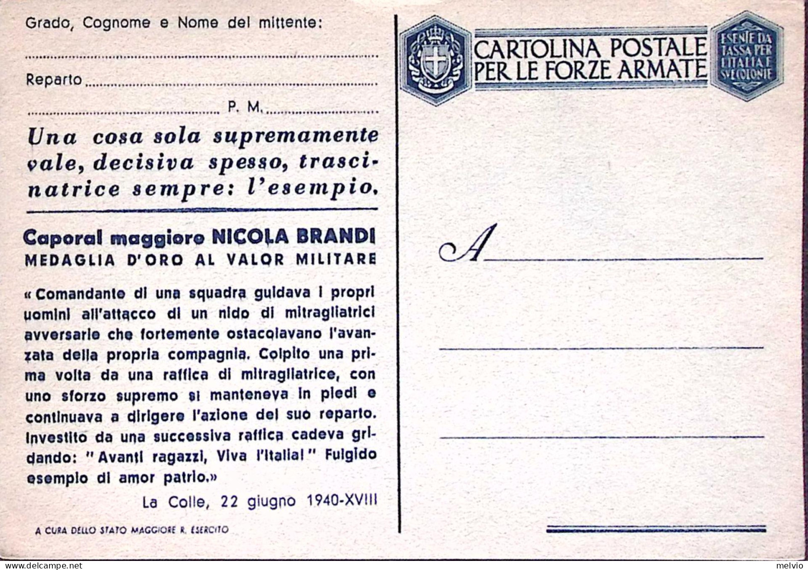 1943circa-NICOLA BRANDI Cartolina Franchigia Nuova - Storia Postale