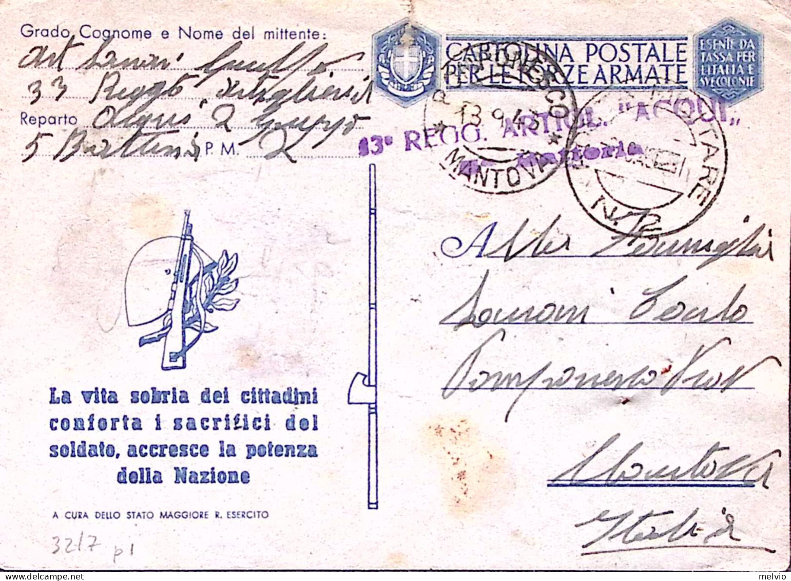 1943-LA VITA SOBRIA Cartolina Franchigia Viaggiata Posta Militare N 72 (5.9) For - Storia Postale