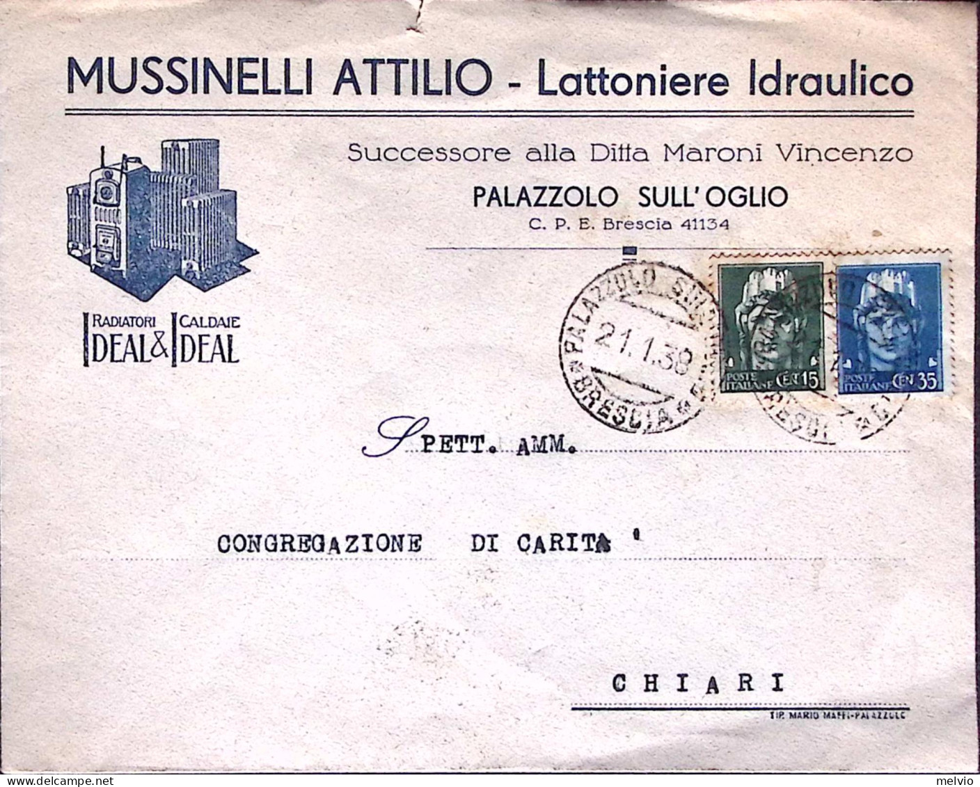 1939-PALAZZOLO Sull'OGLIO Mussinelli Attilio Lattoniere Idraulico Busta Con Inte - Storia Postale