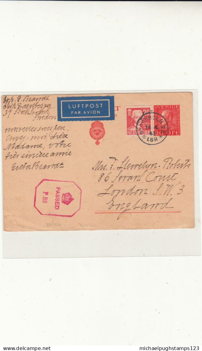 Sweden / Stationery / W.W.2 Airmail / G.B. / Censorship - Autres & Non Classés