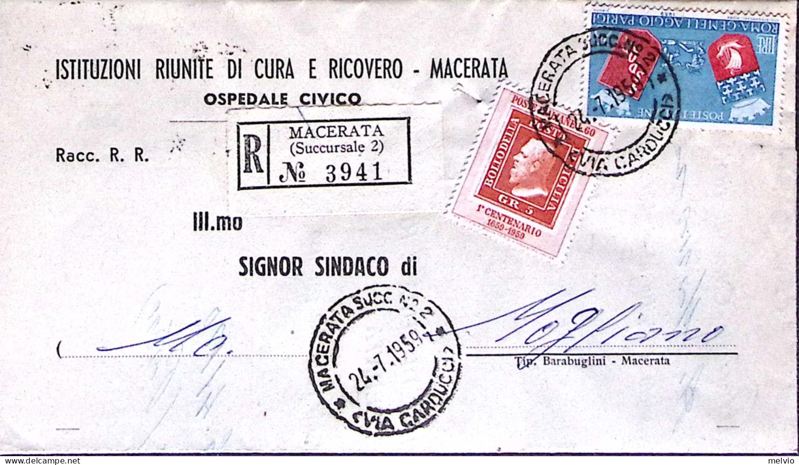 1959-FR.LLI SICILIA Lire 60 + GEMELLAGGIO1958 Lire 25 Su Piego Raccomandato Mace - 1946-60: Marcophilie