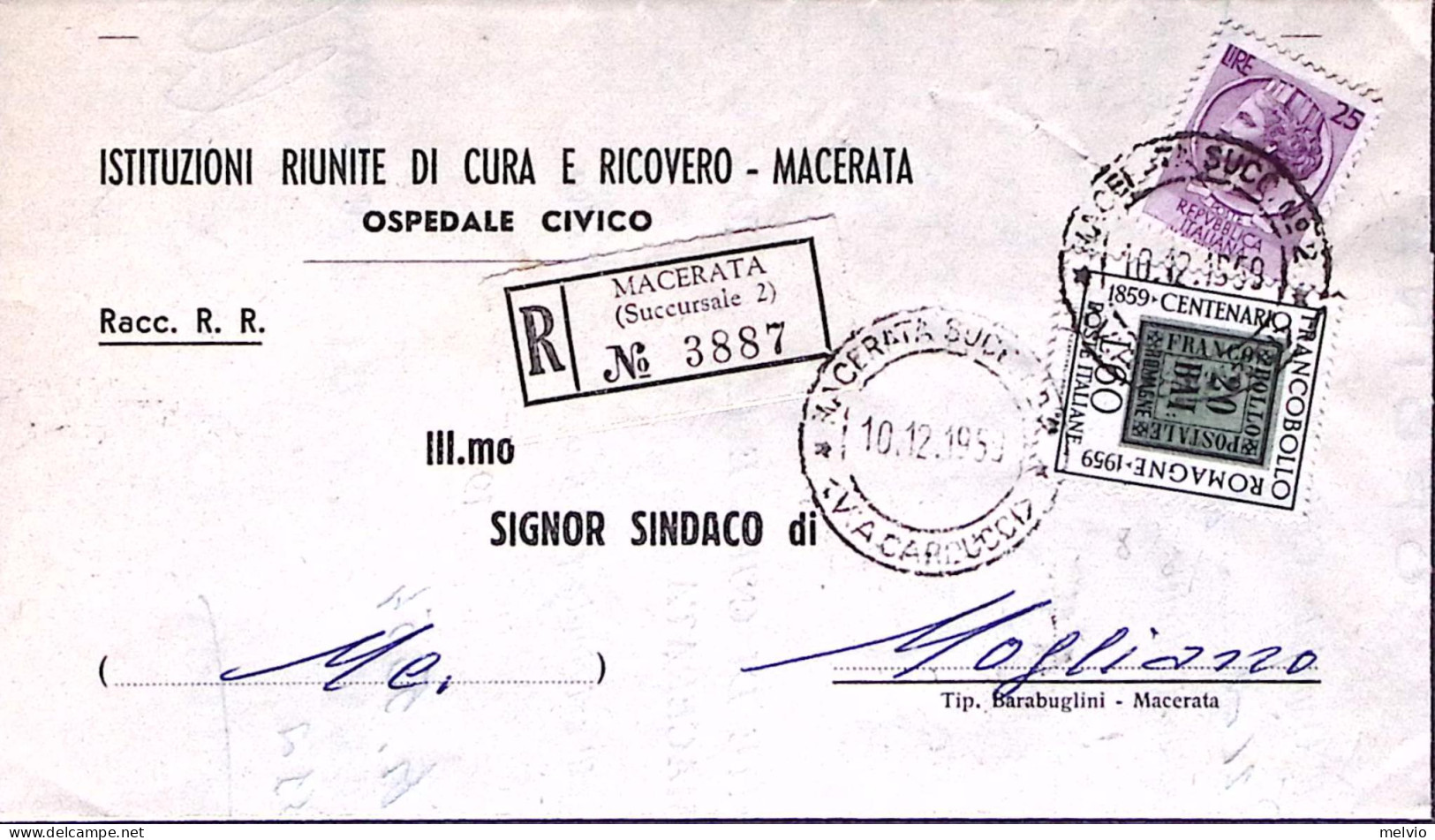 1959-FR.LLI ROMAGNE Lire 60 + Siracusana Lire 25 Su Piego Raccomandato Pescara ( - 1946-60: Marcophilia