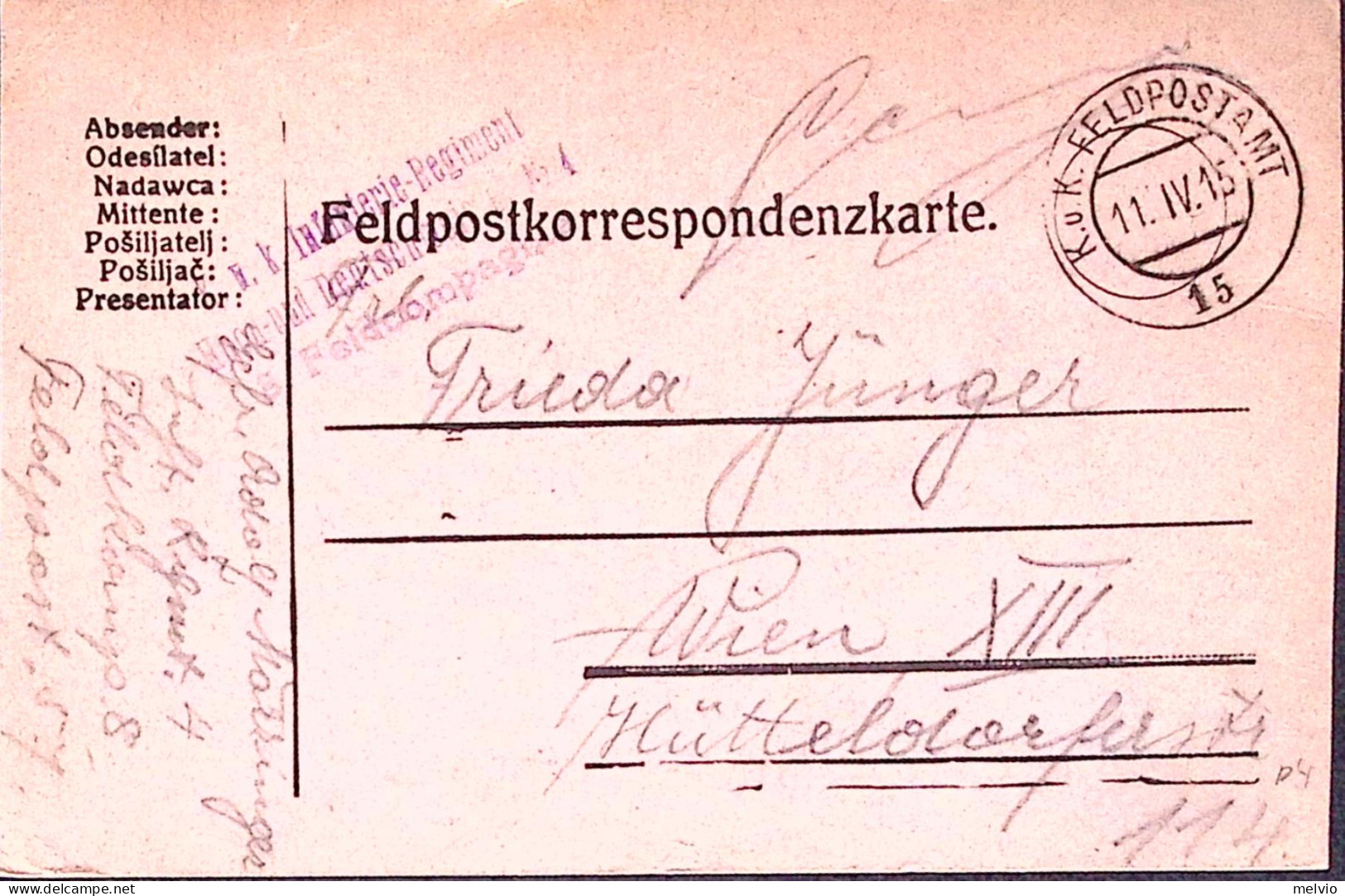 1915-Austria K.u.K Feldpostamt/15 (11.4) Su Cartolina Franchigia - Marcophilie