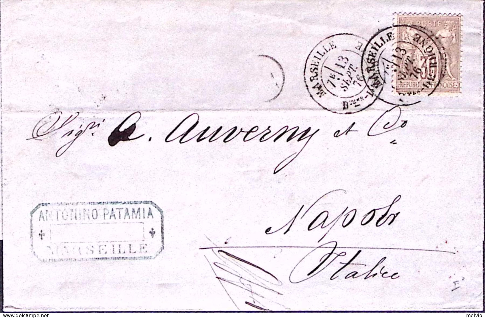 1876-Francia Sage C.30 Su Soprascritta Marsiglia (13.9) Per L'Italia - 1876-1878 Sage (Tipo I)