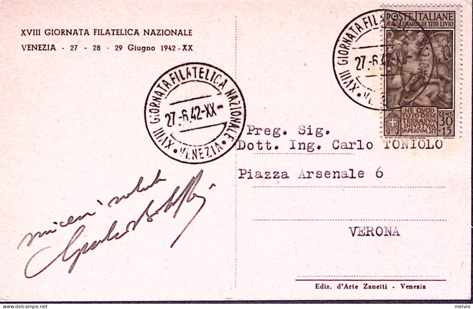 1942-LIVIO C.30 Su Cartolina XVIII^Giornata Filatelica Verona Annullo Speciale ( - Marcophilie