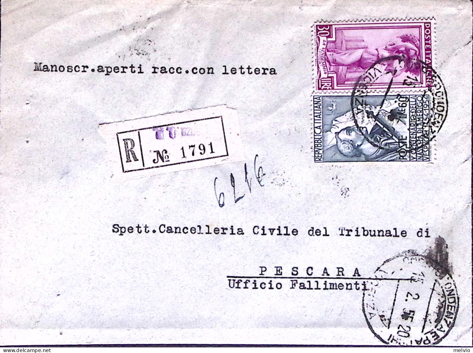 1955-VESPUCCI Lire 55 + IT LAVORO Lire 30 Su Manoscritti Raccomandati Vicenza (1 - 1946-60: Marcophilie