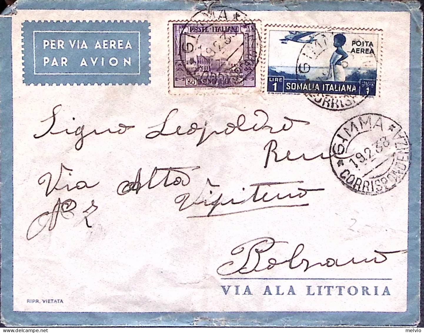 1938-GIMMA C.2 (19.2) Su Busta Via Aerea Affrancata Somalia C.50 +PA Lire 1 - Somalie