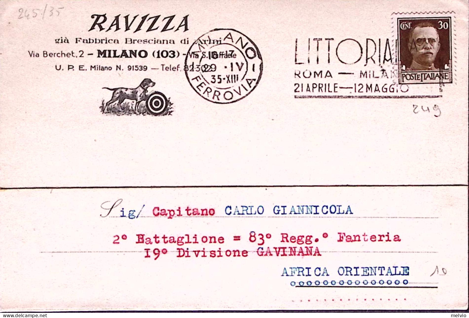 1935-RAVIZZA Fabbrica Bresciana Armi Intestazione A Stampa Di Cartolina Viaggiat - Marcophilie