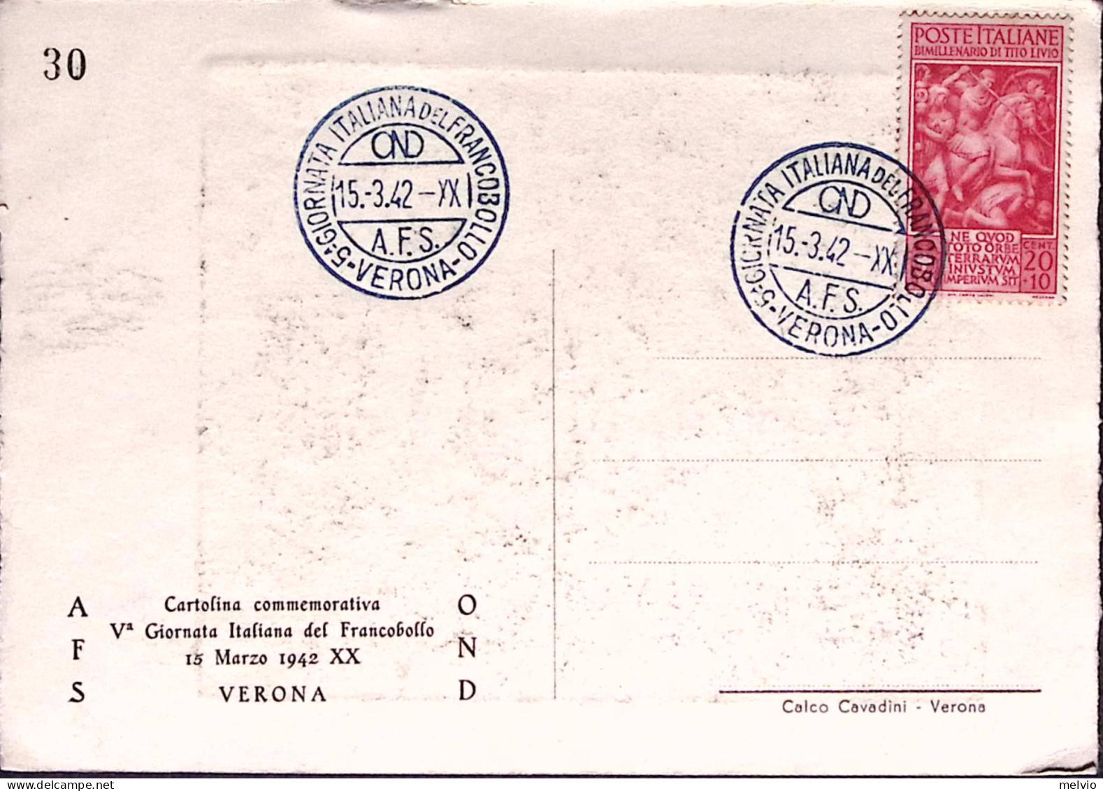 1942-TITO LIVIO C.20 Isolato Su Cartolina Annullo Speciale Verona V Giornata Ita - Marcophilie
