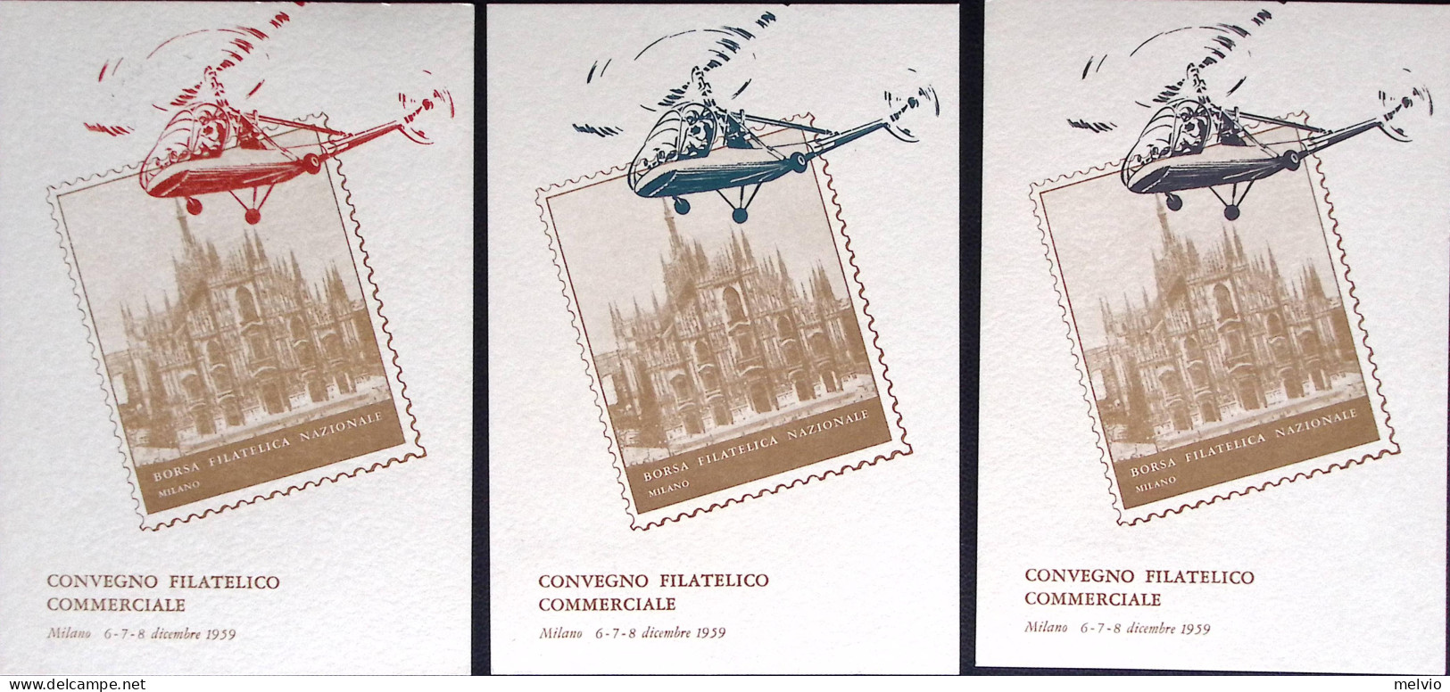 1959-MILANO 50 Convegno Filatelico Annullo Speciale (6.12) Su Tre Cartoline Con  - Expositions