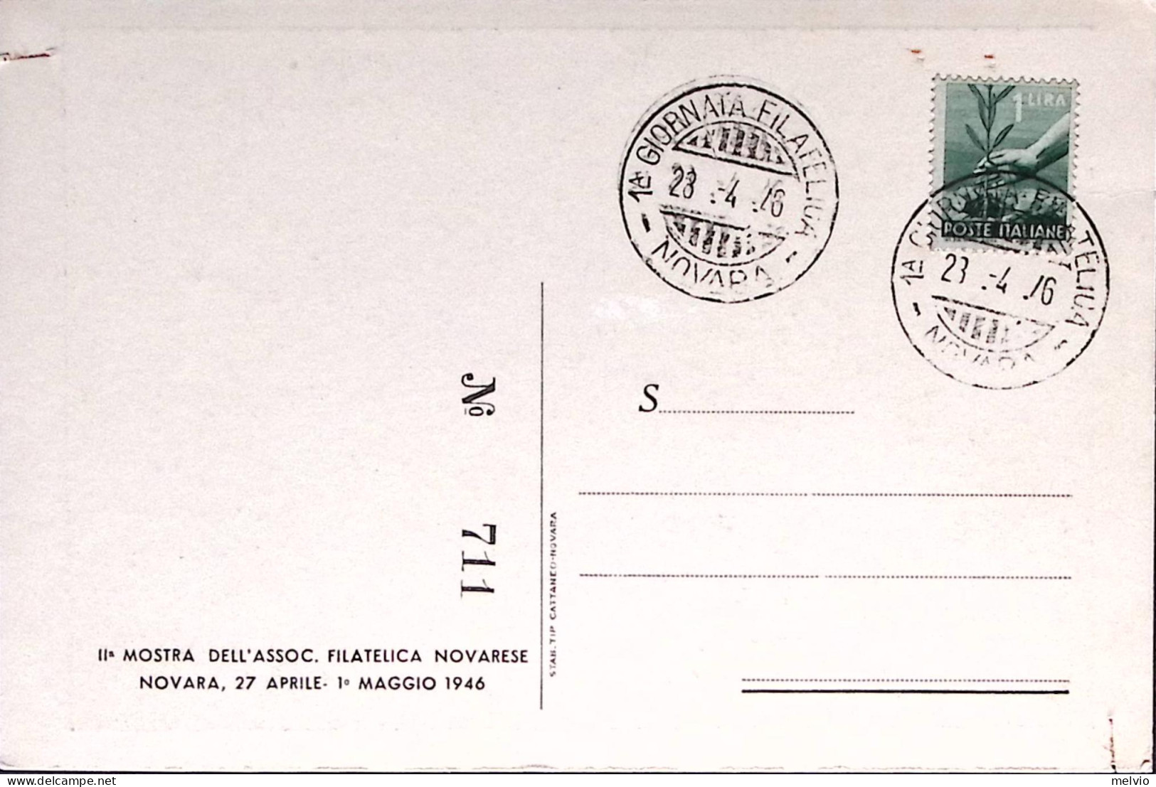 1946-NOVARA 1 Giornata Filatelica Annullo Speciale (23.4) Su Cartolina - Tentoonstellingen