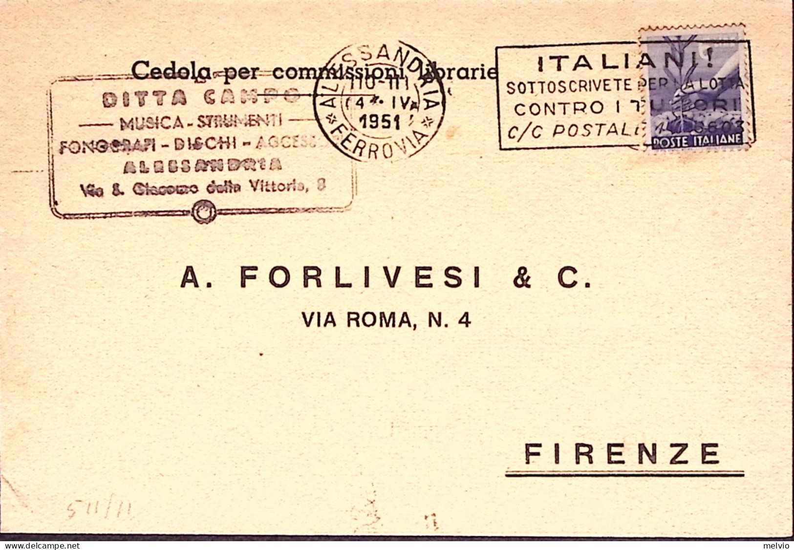 1951-Cedola Per Commissione Librarie Affrancata L.6 Democratica Annullo Cartella - 1946-60: Poststempel