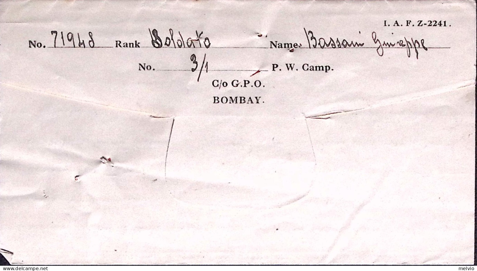 1943-P.O.W. CAMP 3 Manoscritto Al Verso Di Biglietto Franchigia Da Prigioniero G - Marcofilía