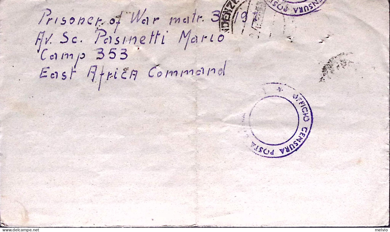 1943-P.O.W. 363 Manoscritto Al Verso Di Biglietto Franchigia (8.7) Da Prigionier - Marcophilie