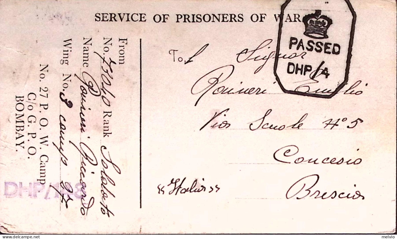 1943-P.O.W. CAMP 27 Su Cartolina Franchigia Da Prigioniero Guerra Italiano In In - Marcofilía