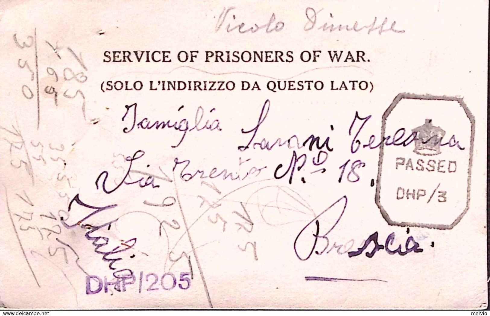 1943-P.O.W. CAMP 25 Al Verso Di Cartolina Franchigia Da Prigioniero Guerra Itali - Storia Postale