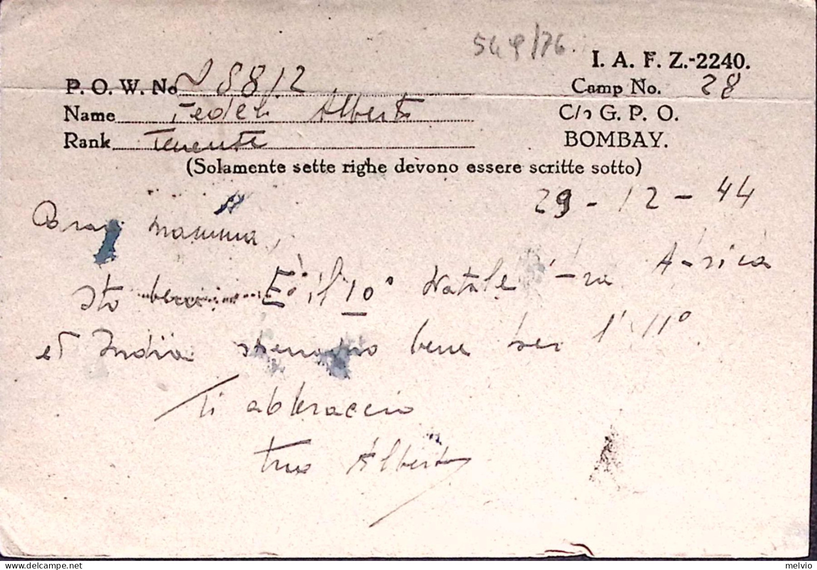 1944-P.O.W. CAMP 28 Manoscritto Al Verso Di Cartolina Franchigia Da Prigioniero  - Marcophilia