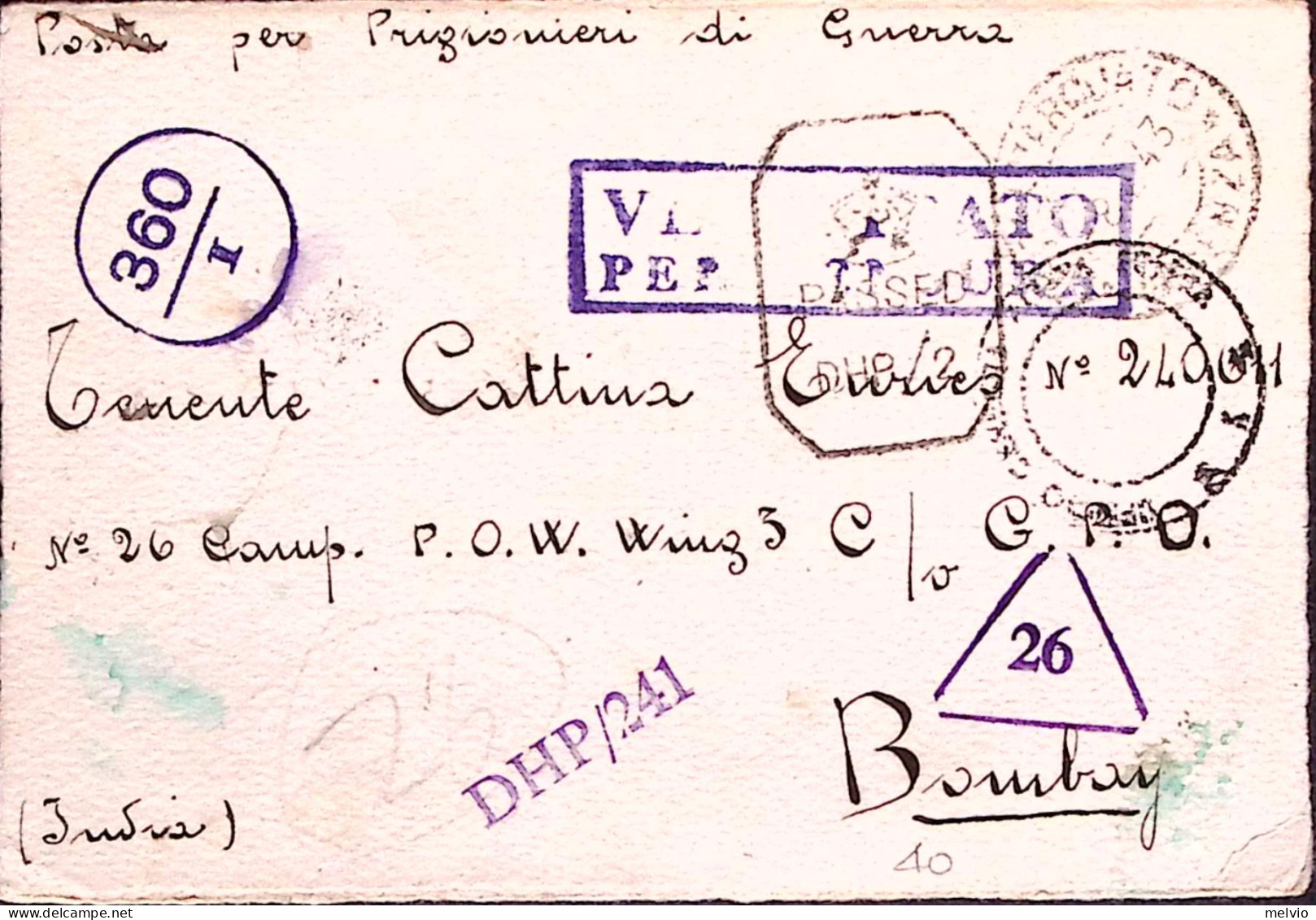 1943-P.O.W. CAMP 26 Al Verso Di Cartolina Franchigia Da Prigioniero Guerra Itali - Storia Postale