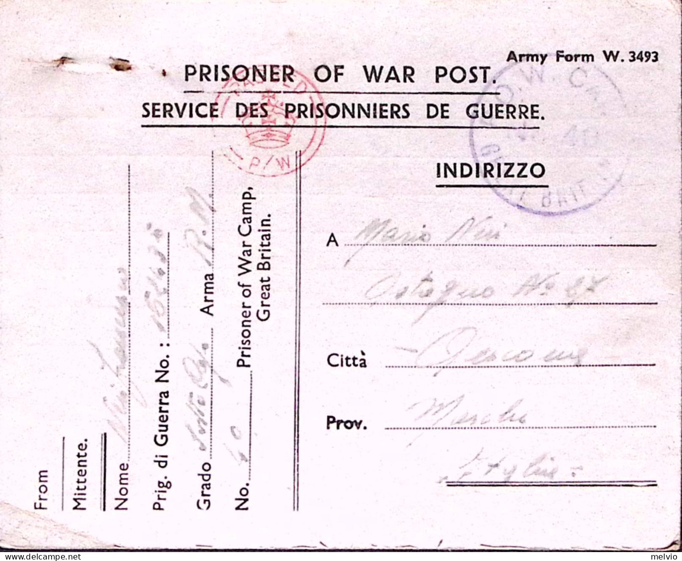 1945-WAR CAMP 40 Manoscritto Su Cartolina Franchigia Da Prigioniero Guerra Itali - Marcofilía