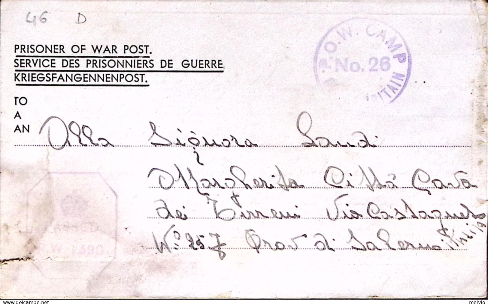 1945-WAR CAMP 26 Tondo Su Biglietto Franchigia Da Prigioniero Guerra Italiano In - Storia Postale