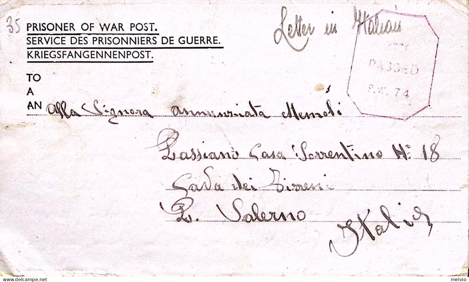 1944-WAR CAMP 34 Manoscritto Al Verso Biglietto Franchigia Da Prigioniero Guerra - Marcophilie