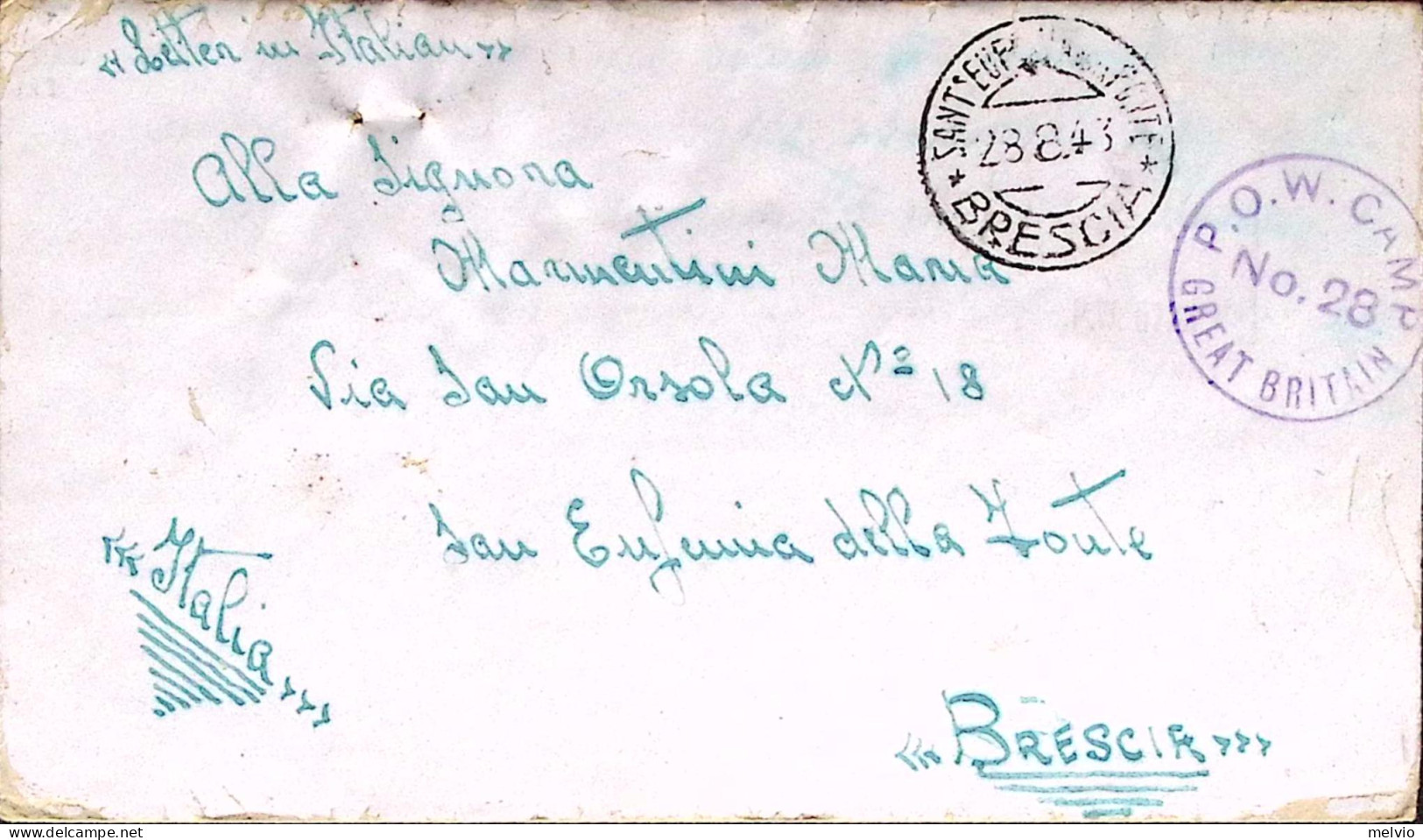 1943-WAR CAMP 28 Tondo Su Biglietto Franchigia Da Prigioniero Guerra Italiano In - Storia Postale