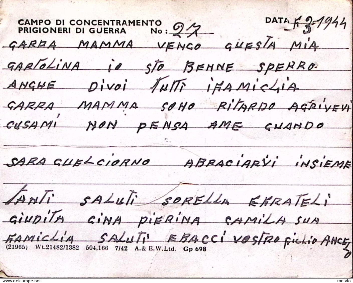 1944-WAR CAMP 27 Tondo Su Cartolina Franchigia Da Prigioniero Guerra Italiano In - Storia Postale