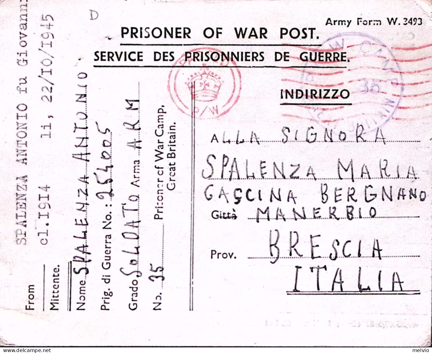 1945-WAR CAMP 35 Manoscritto Su Cartolina Franchigia Da Prigioniero Guerra Itali - Marcofilía