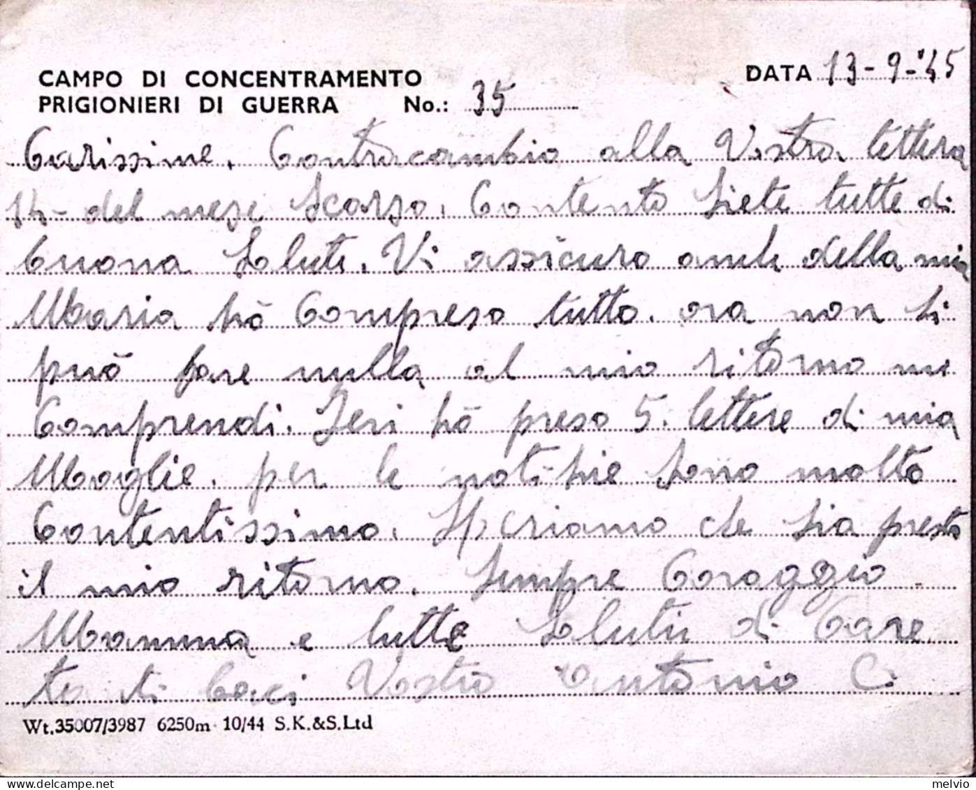 1945-WAR CAMP 35 Manoscritto Su Cartolina Franchigia Da Prigioniero Guerra Itali - Marcophilie