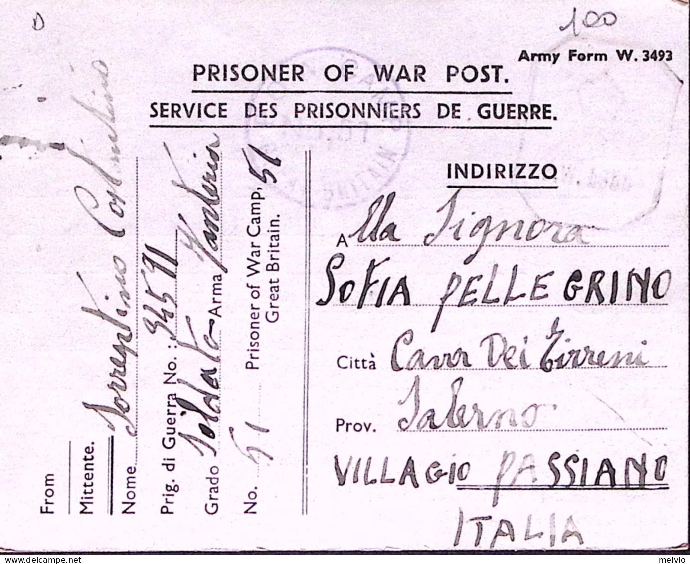 1944-WAR CAMP 51 Manoscritto Su Cartolina Franchigia Da Prigioniero Guerra Itali - Marcofilía