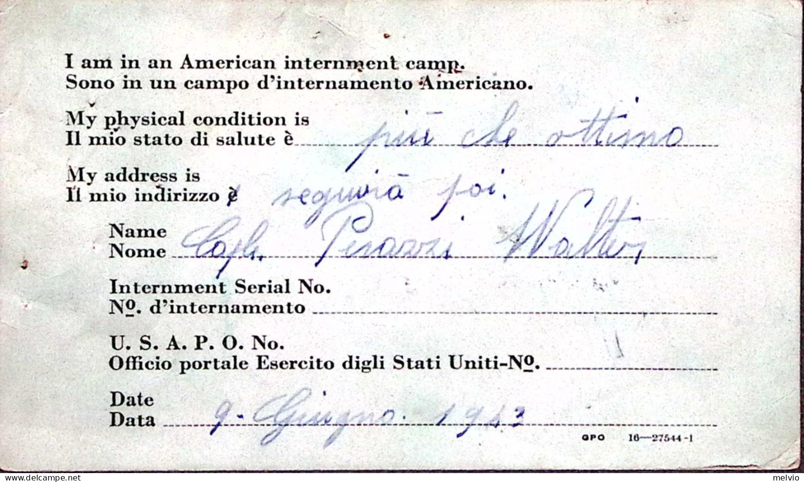 1943-POW CAMP 100 Lineare Su Cartolina Franchigia Da Prigioniero Italiano In Afr - Marcophilie