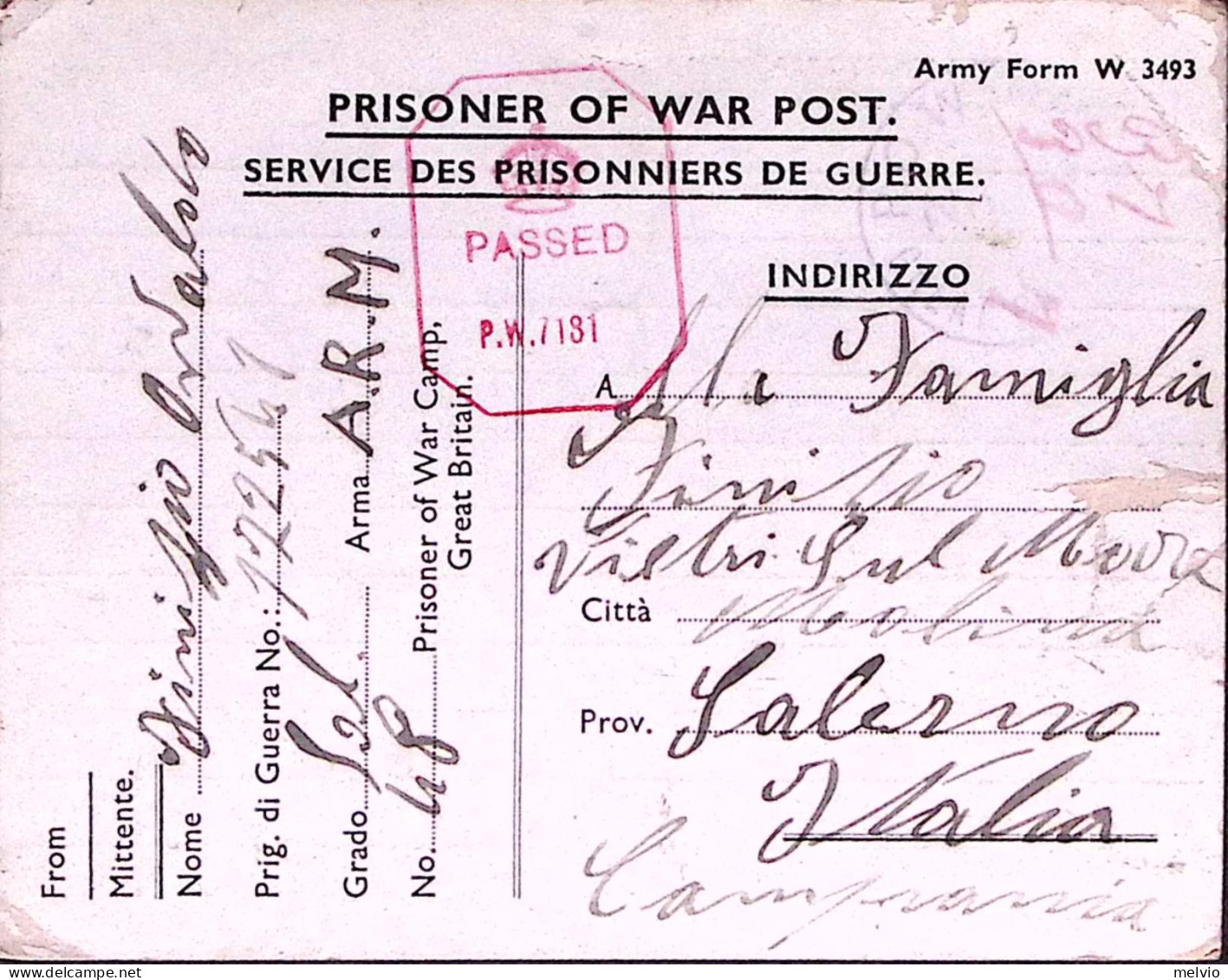 1945-WAR CAMP 48 Manoscritto Su Cartolina Franchigia Da Prigioniero Guerra Itali - Marcophilie