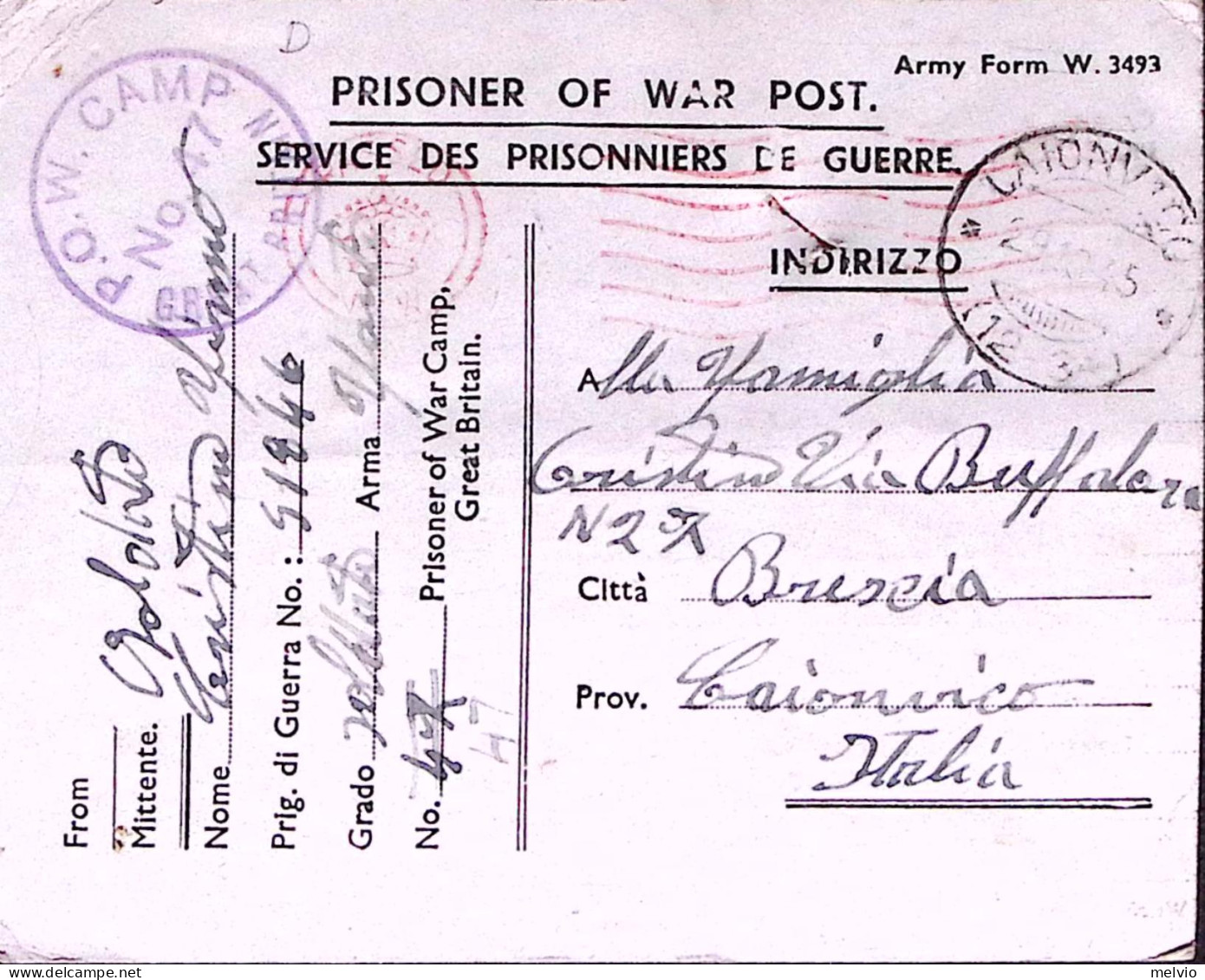 1945-WAR CAMP 47 Tondo Su Cartolina Franchigia Da Prigioniero Guerra Italiano In - Storia Postale