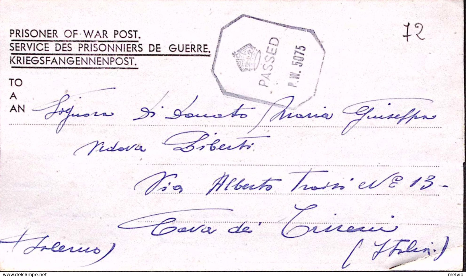 1944-WAR CAMP 38 Manoscritto Al Verso Biglietto Franchigia Da Prigioniero Guerra - Marcophilie