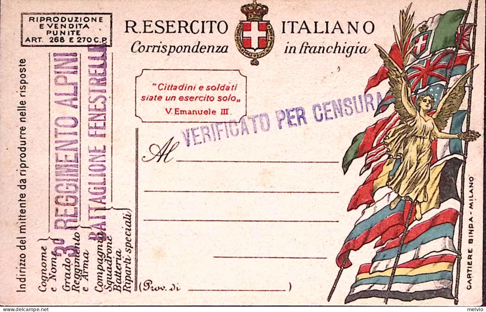 1918-Cartolina Franchigia Vittoria E Bandiere, CARTIERE BINDA-MILANO (mm 23,5) N - Marcophilie
