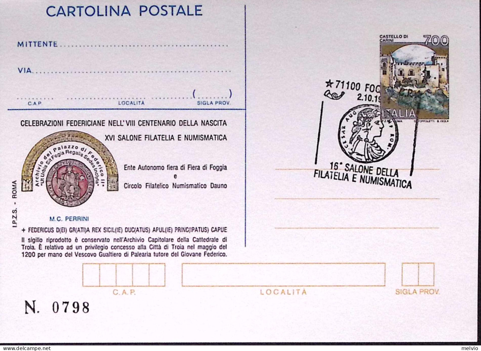 1994-FOGGIA Manifestazioni Federiciane Cartolina Postale Lire 700 Soprastampa IP - Ganzsachen
