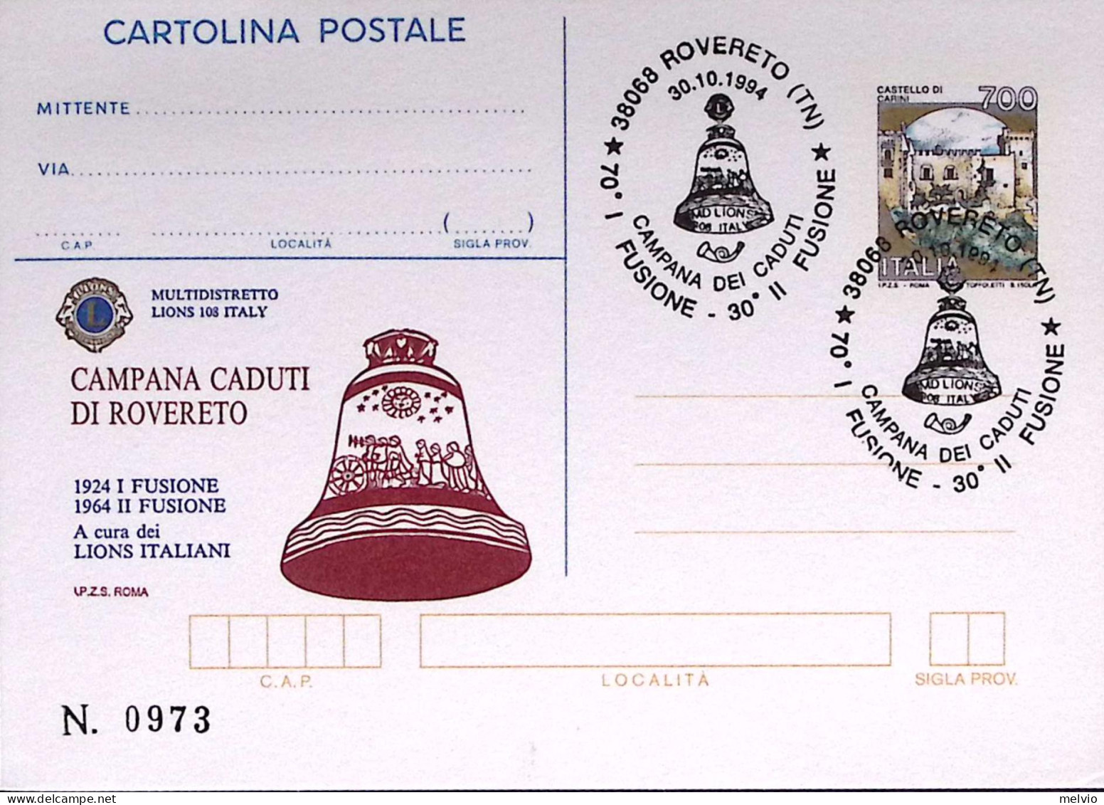 1994-ROVERETO Lions Campana Caduti Cartolina Postale Lire 700 Soprastampa IPZS A - Entero Postal